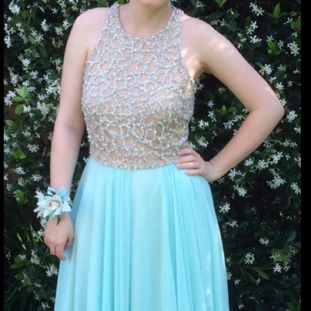 Mint Green Sequin & Pearl Prom Dress